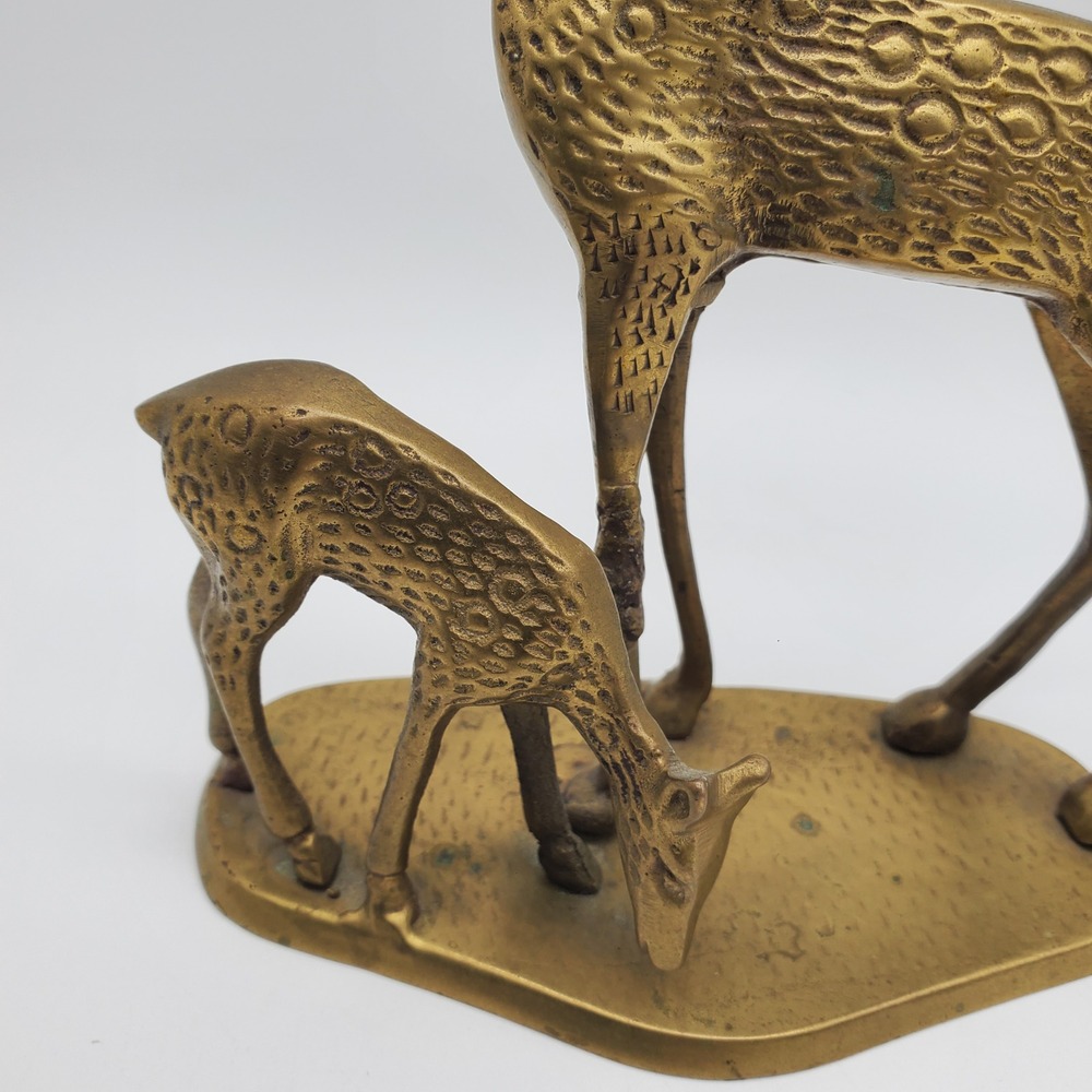 Solid Brass Deer Figurine Doe & Fawn Sculptural Animal Statue Vintage Textured - Picture 2 of 8